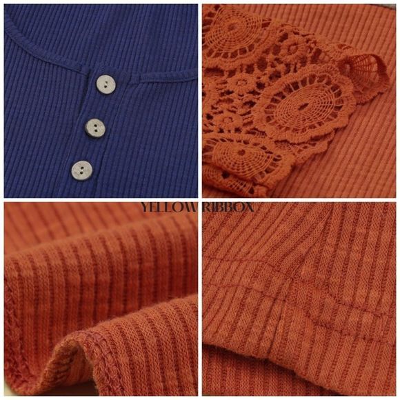 🆕 Color Block Ribbed Lace Splicing Color Block Long Sleeve Top | Size: L - Picture 2 of 4